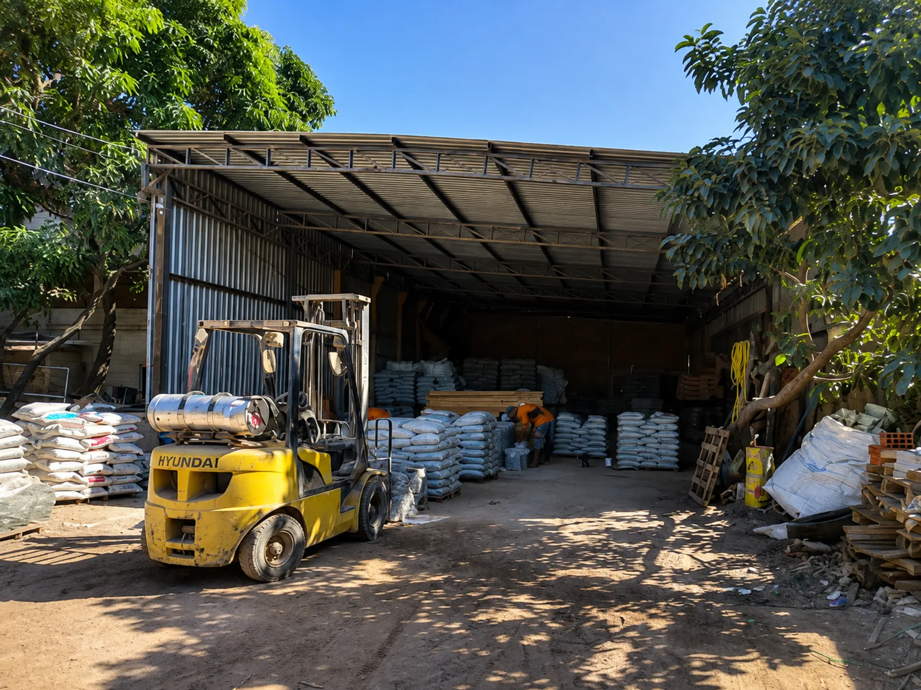 Fachada do galpão do Gaúcho, com empilhadeira no pátio